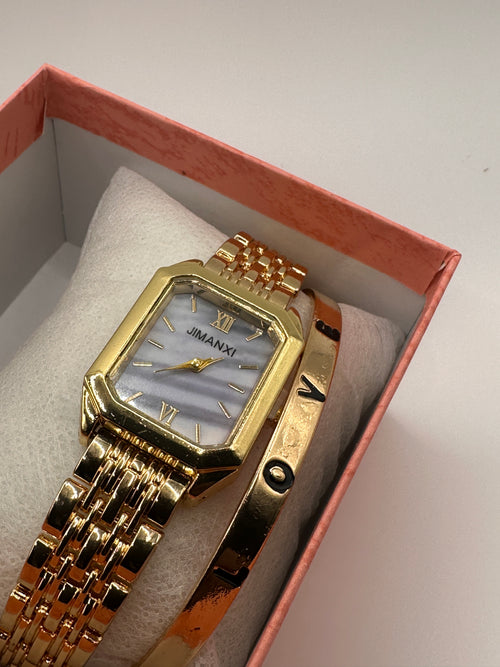Parure Montre Femme "Élégance Vintage" & Son Bracelet Doré Assorti
